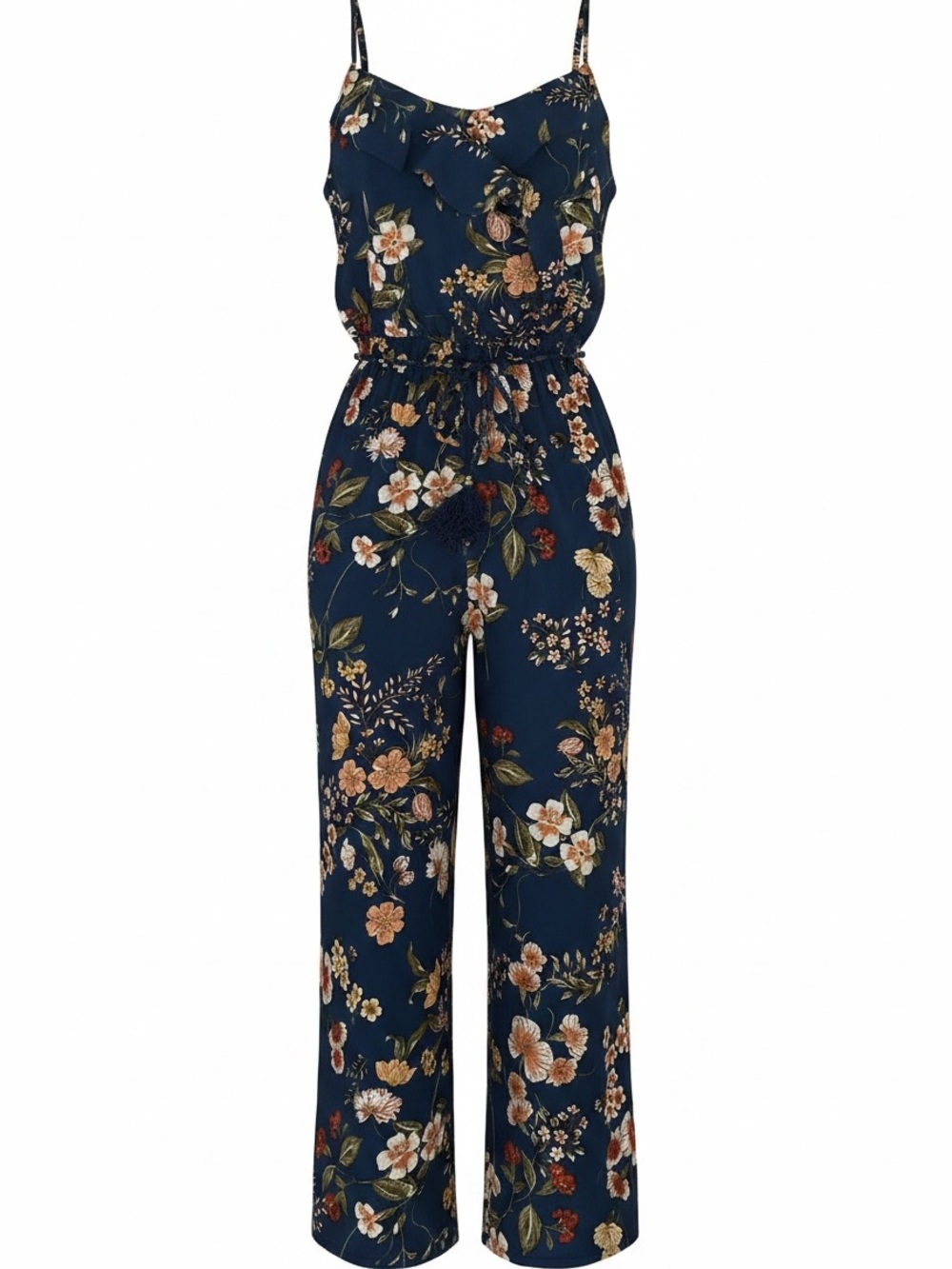 Navy Floral Wide-Leg Spaghetti-Strap Jumpsuit